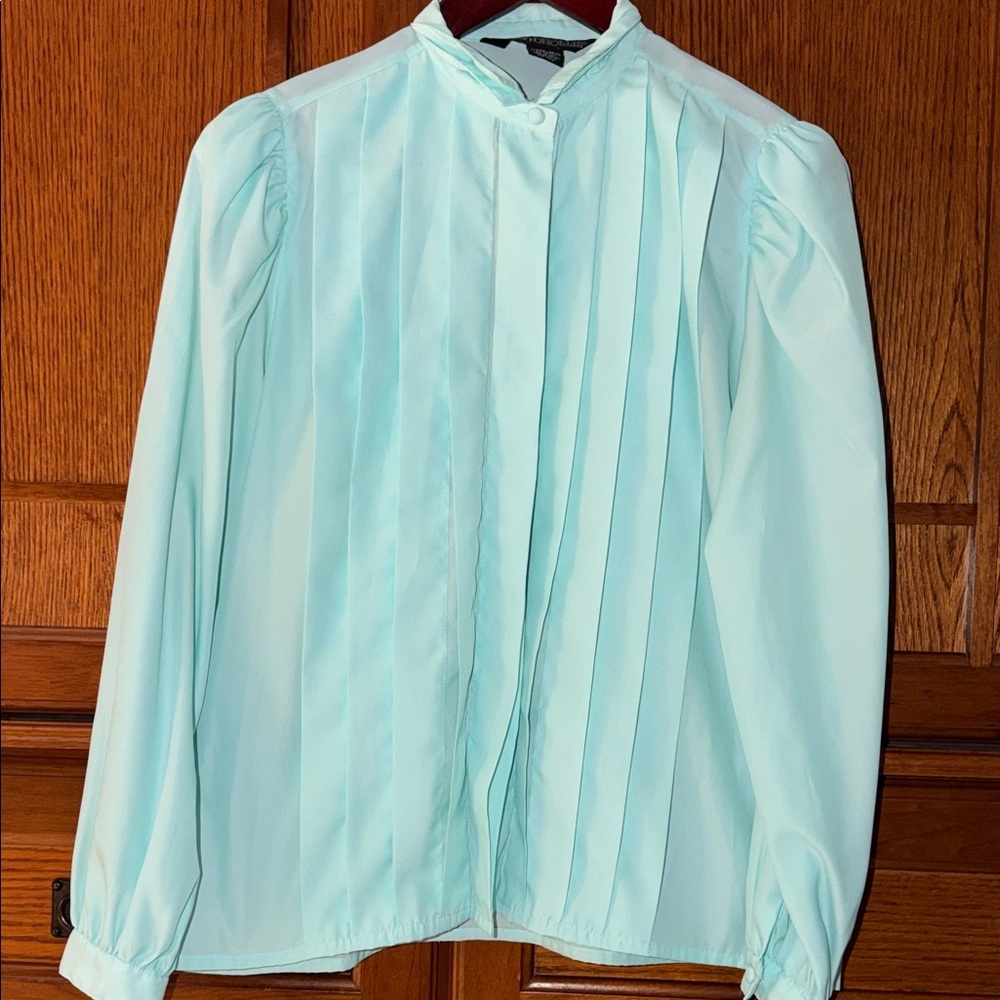 VTG David Hollis Pleated Button Up Blouse Puff Sleeve Mandarin Secretary 80s